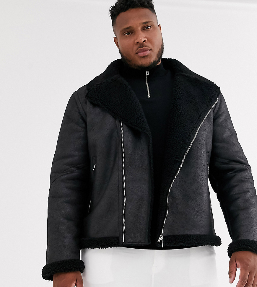 ASOS DESIGN Plus faux shearling biker jacket with teddy lining in black
