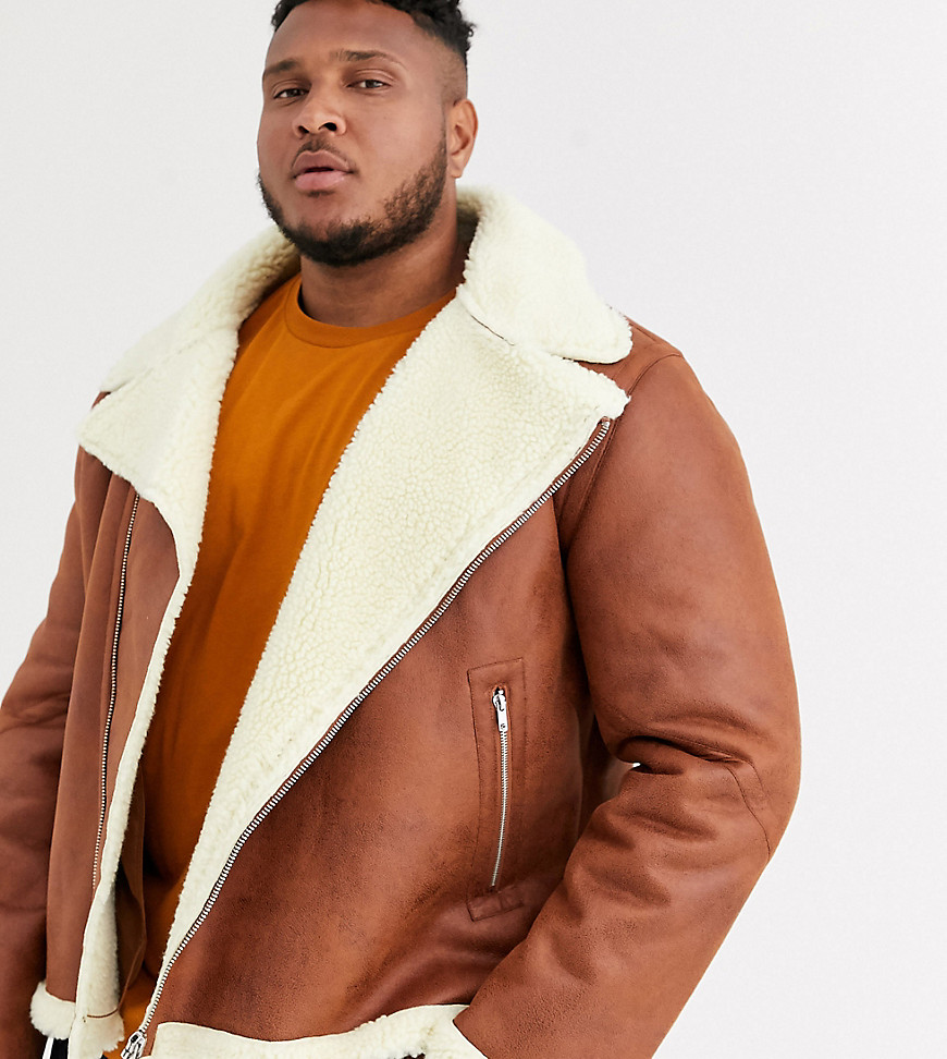 ASOS DESIGN Plus faux shearling biker jacket with teddy lining in tan