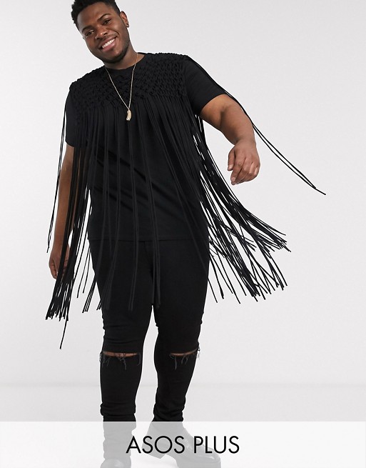 ASOS DESIGN Plus festival t-shirt with all-over macrame fringing in black