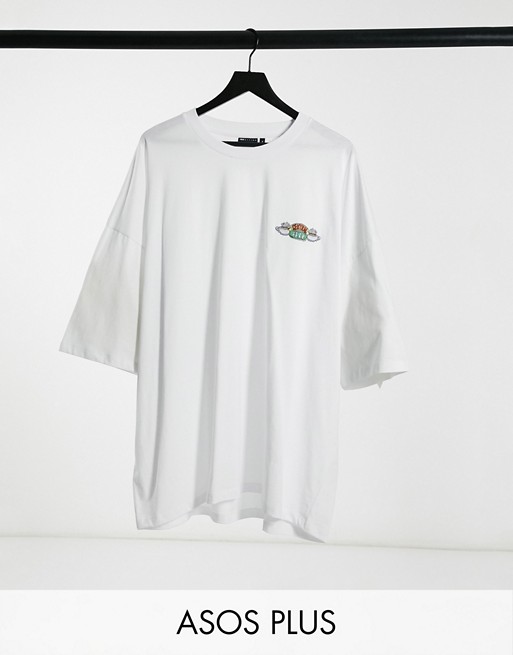 ASOS DESIGN Plus Friends oversized t-shirt with 'Central Perk' chest embroidery in white