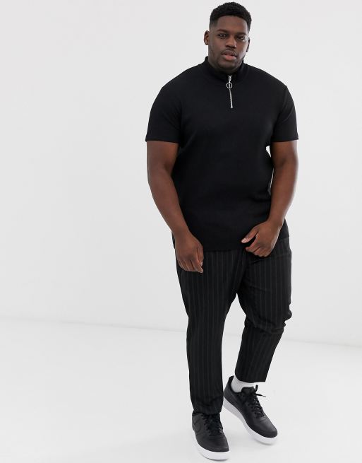 ASOS DESIGN Plus - Geribbeld T-shirt met col met rits in zwart, 4 van 4