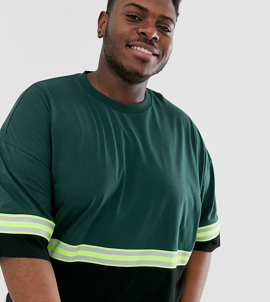 ASOS DESIGN Plus – Grön oversize-t-shirt med halvlåg ärm och tejpade reflexdetaljer-Svart
