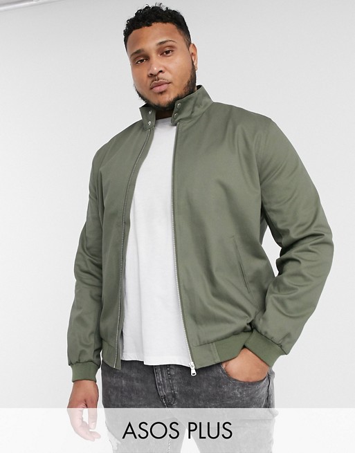 ASOS DESIGN Plus harrington jacket with funnel neck in khaki
