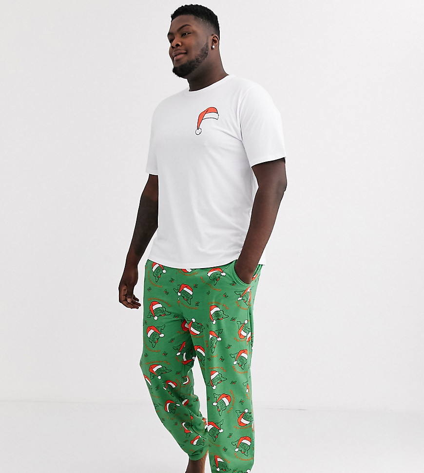 ASOS DESIGN Plus Holidays lounge pyjama bottoms and tshirt set with napping dog print-Green