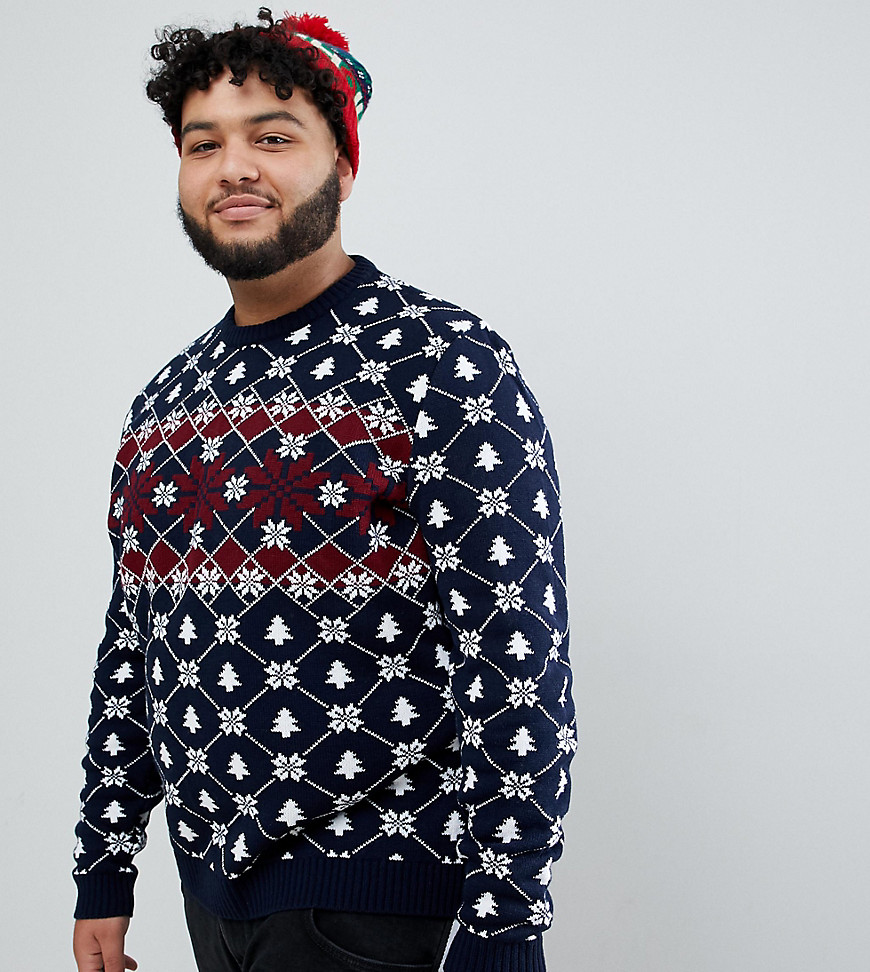 ASOS DESIGN Plus Holidays sweater with festive design in navy