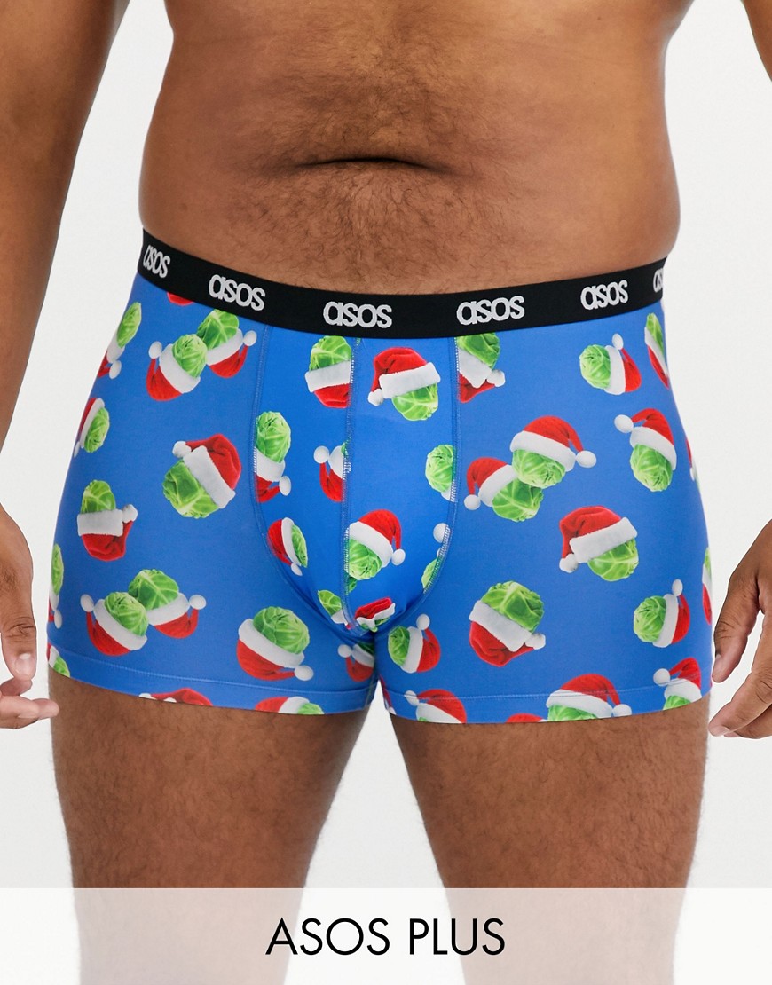 ASOS DESIGN Plus Holidays trunk in blue with festive sprout print