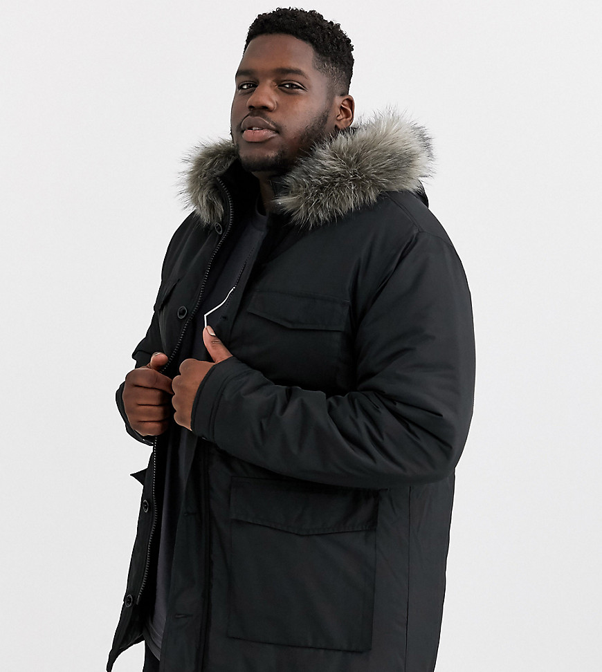 ASOS DESIGN Plus hooded parka jacket with detachable faux fur trim in black