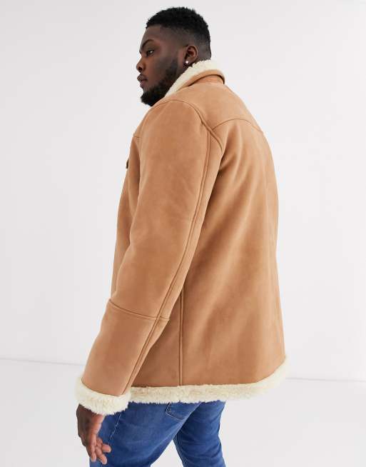 ASOS DESIGN Plus jacket in faux suede tan with ecru borg lining