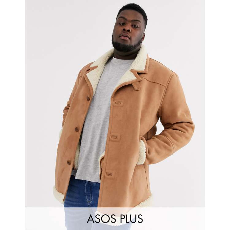 ASOS DESIGN Plus jacket in faux suede tan with ecru teddy lining