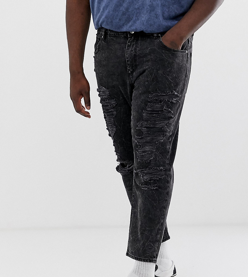 ASOS DESIGN Plus - Jeans classici rigidi nero slavato vintage strappati