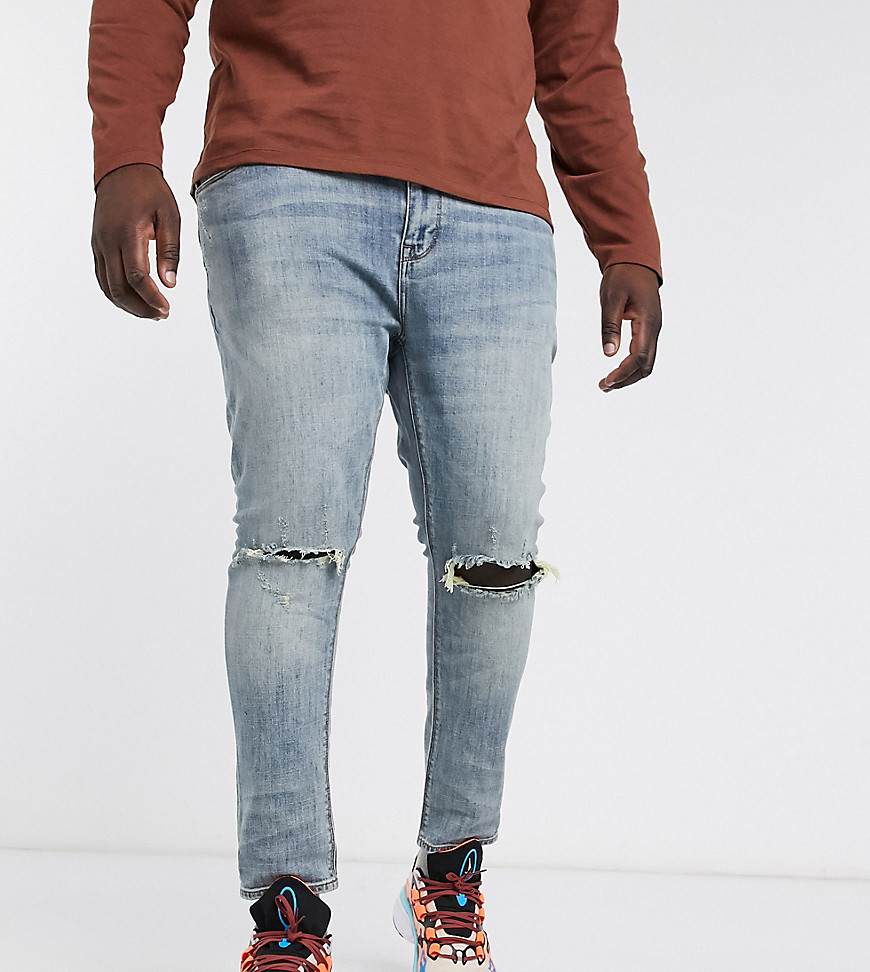 ASOS DESIGN Plus - Jeans cropped super skinny lavaggio vintage medio con strappi al ginocchio-Blu