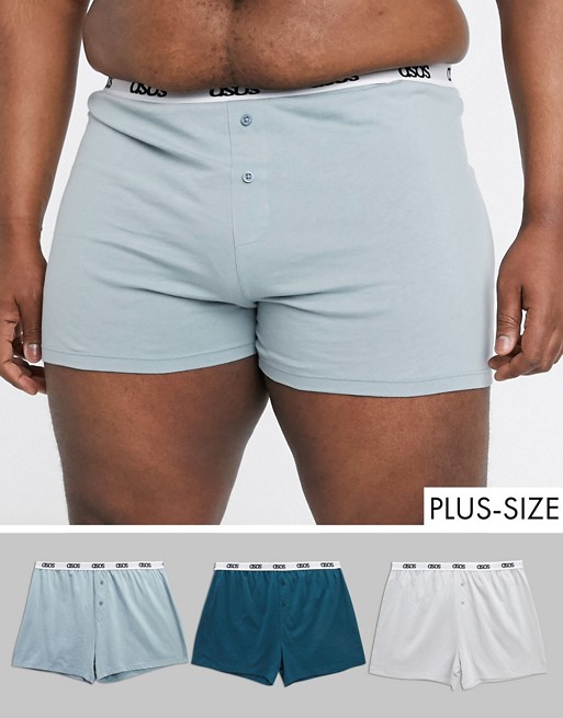 ASOS DESIGN plus jersey boxer 3 pack in tonal blues with branded waistband 3 pack