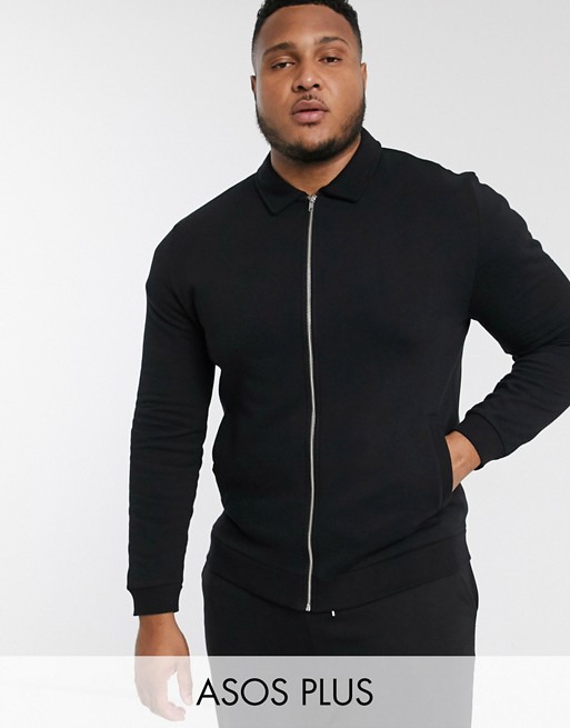 ASOS DESIGN Plus jersey harrington jacket in black with silver zips