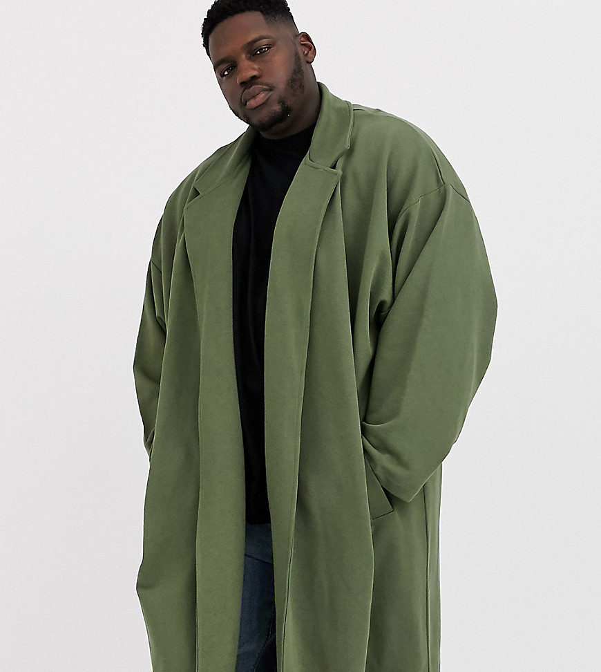 ASOS DESIGN – Plus – Khakifärgad dusterjacka i jersey med oversize- och longline-passform-Grön