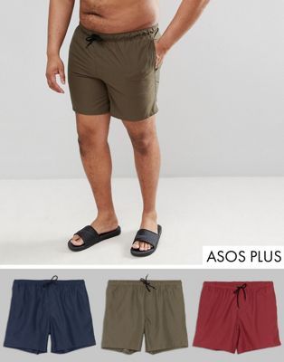 ASOS DESIGN Plus – Khakifärgade och mörkblå, medellånga badshorts i 3-pack – Spara-Flerfärgad