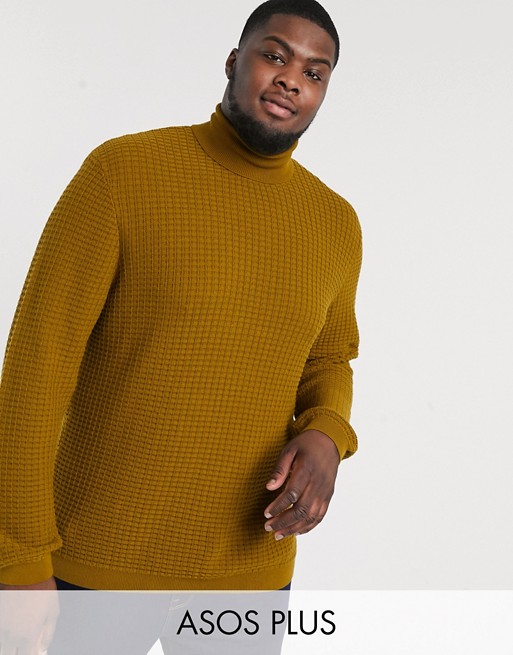 ASOS DESIGN Plus knitted textured roll neck jumper in Mustard