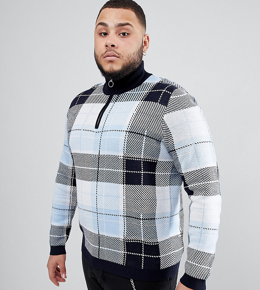 ASOS DESIGN Plus knitted turtle neck check jumper with zip in blue-Multi
