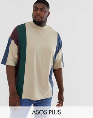 ASOS DESIGN Plus - Lang, oversized T-shirt met verticale kleurvlakken van biologisch katoen in beige