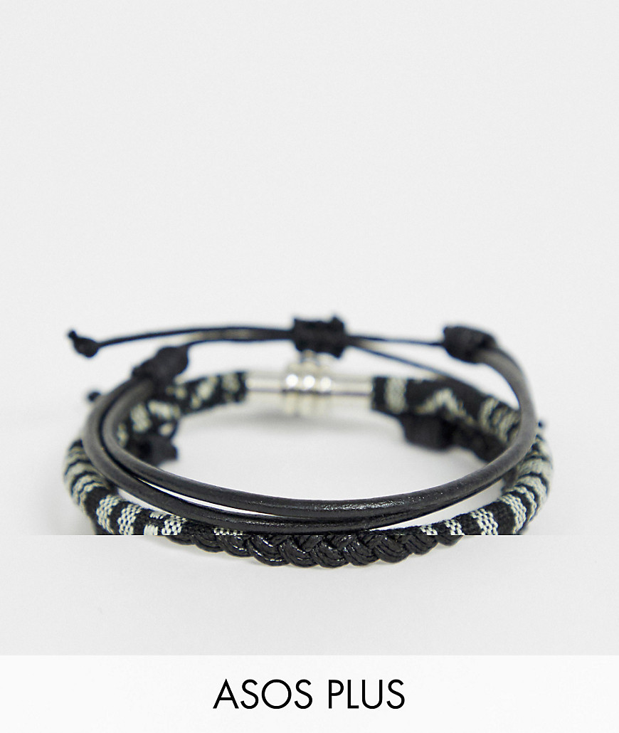 ASOS DESIGN Plus leather and woven monochrome bracelet pack-Black