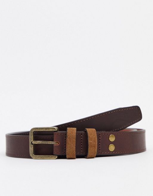 ASOS DESIGN plus leather slim belt in brown with vintage gold buckle | ASOS