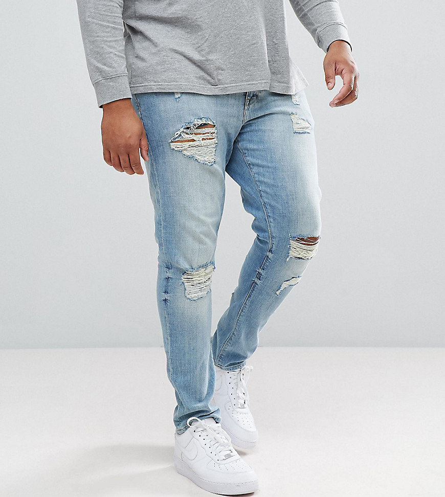 ASOS DESIGN - Plus - Ljust tvättade skinny jeans med slitningar-Blå