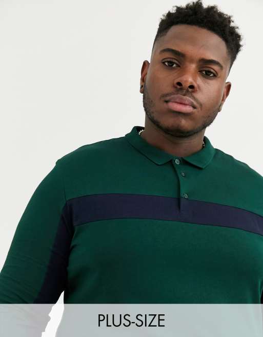 ASOS DESIGN Plus long sleeve polo shirt with contrast panels in green ...