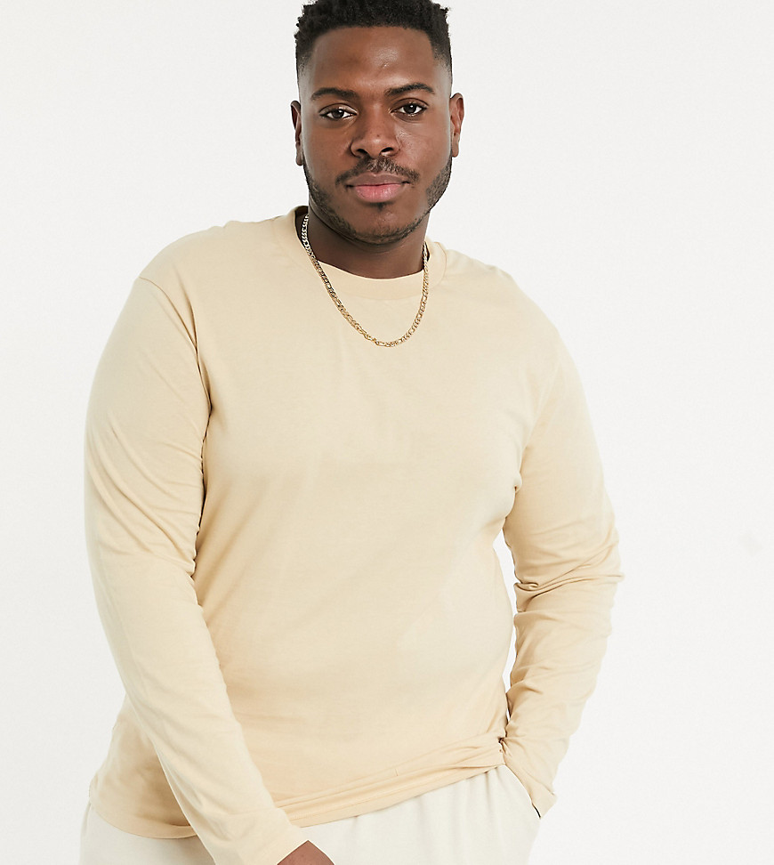 ASOS DESIGN Plus long sleeve t-shirt with crew neck in beige-Brown