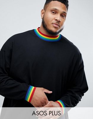 ASOS DESIGN – Plus – Longline t-shirt i oversize med långa ärmar, regnbågsfärgad krage och ärmslut i svart