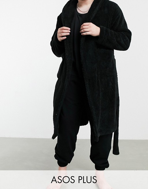 ASOS DESIGN Plus lounge dressing gown in black fleece
