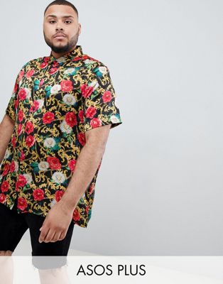 ASOS DESIGN – Plus – Mönstrad skjorta i satin med ett blommigt kedjemönster i normal passform-Svart