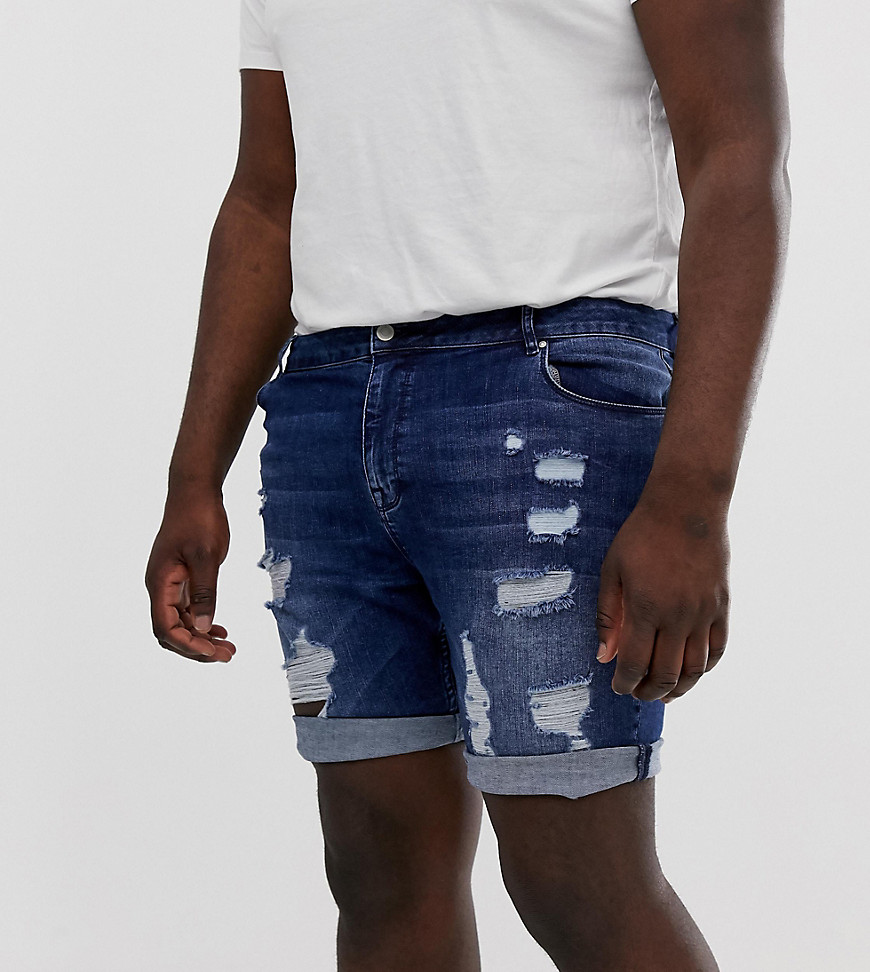 ASOS DESIGN Plus – Mörkt tvättade jeansshorts med slitningar och extra smal passform-Blå