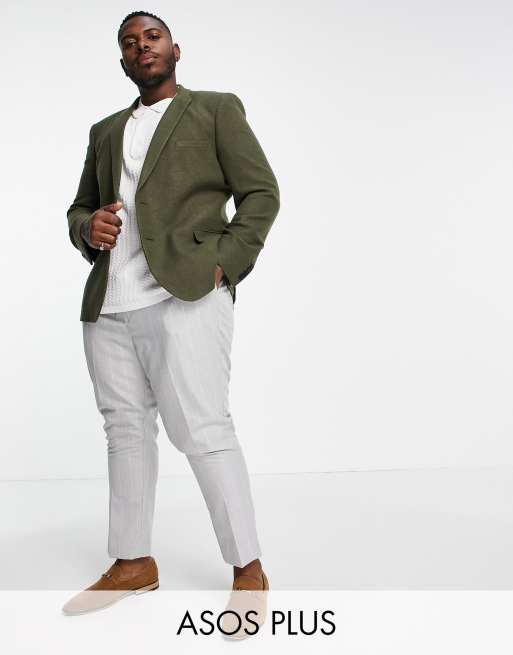 ASOS DESIGN Plus – Obcisła marynarka garniturowa z diagonalu z domieszką wełny w kolorze khaki