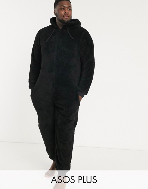ASOS DESIGN Plus onesie in fluffy black fabric