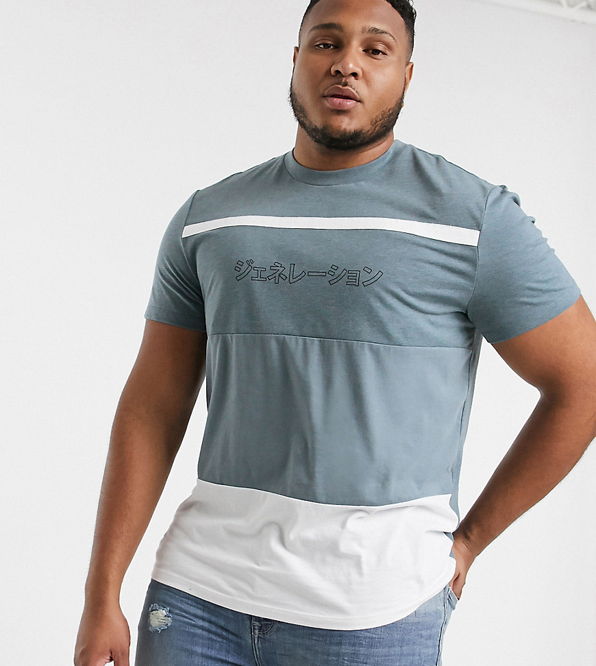 ASOS DESIGN Plus organic cotton colour block t-shirt with chest print-Grey