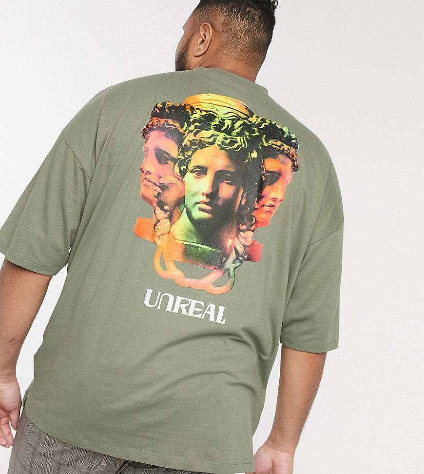 ASOS DESIGN Plus organic cotton oversized longline t-shirt in khaki with large back historical print-Green
