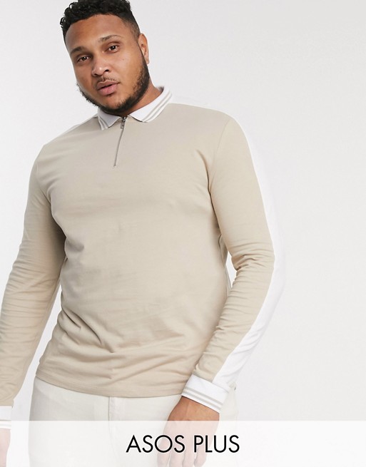 ASOS DESIGN Plus organic long sleeve polo shirt with zip neck and contrast shoulder panels in beige