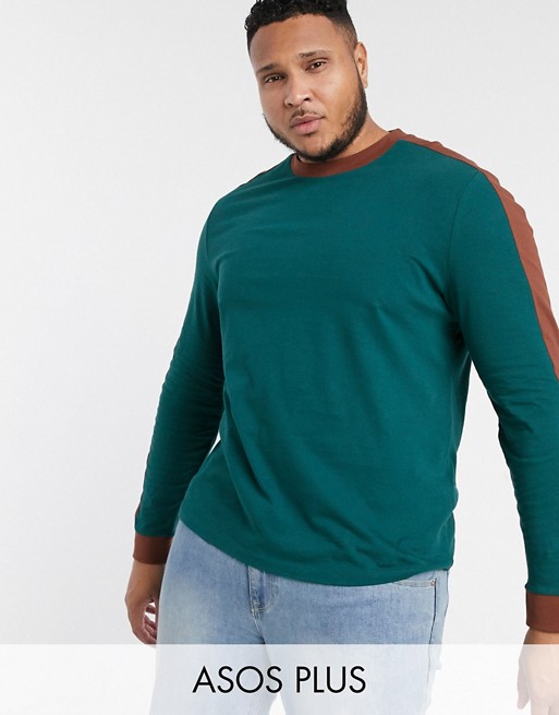 ASOS DESIGN Plus organic long sleeve t-shirt with contrast shoulder panel in teal
