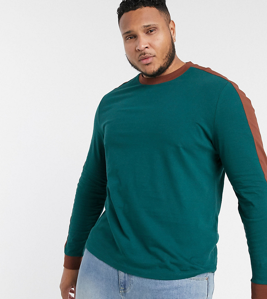 ASOS DESIGN Plus organic long sleeve t-shirt with contrast shoulder panel in teal-Green