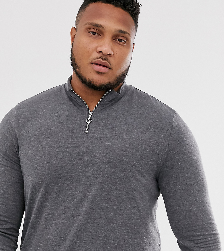 ASOS DESIGN Plus organic long sleeve t-shirt with zip turtle neck in charcoal marl-Grey
