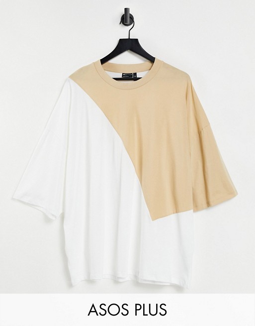 ASOS DESIGN Plus organic oversized t-shirt in beige with colour block