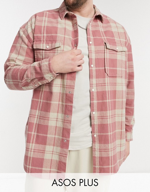 ASOS DESIGN Plus overshirt in brushed flannel dusty pink check
