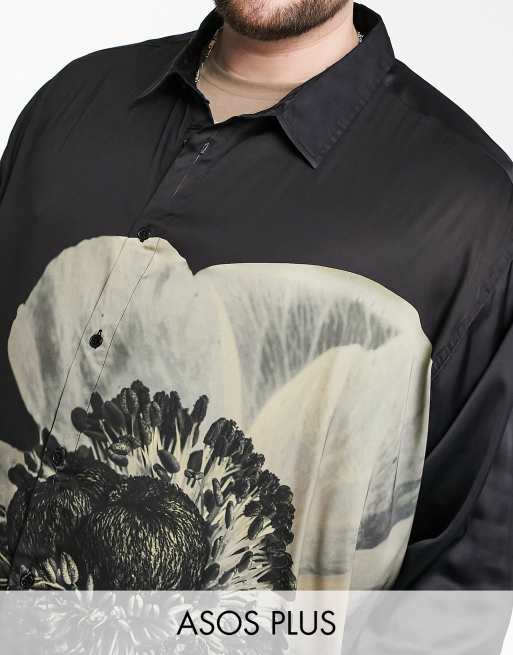 ASOS DESIGN Plus – Oversize-Satinhemd in Schwarz mit großem Blumenprint