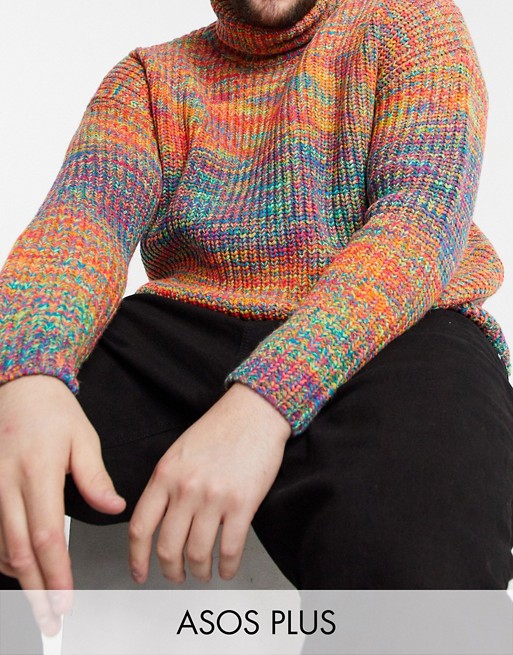 ASOS DESIGN Plus oversized chunky roll neck jumper in multi colour space dye