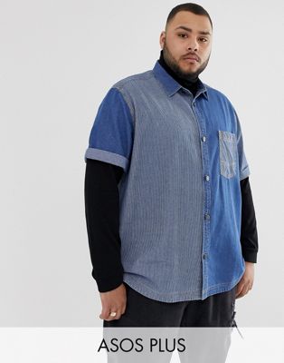 ASOS DESIGN - Plus - Oversized cut-and-sew denim gestreept overhemd in 90's-stijl-Blauw