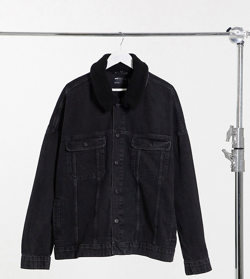 ASOS DESIGN Plus oversized denim jacket with detachable sherpa collar in washed black