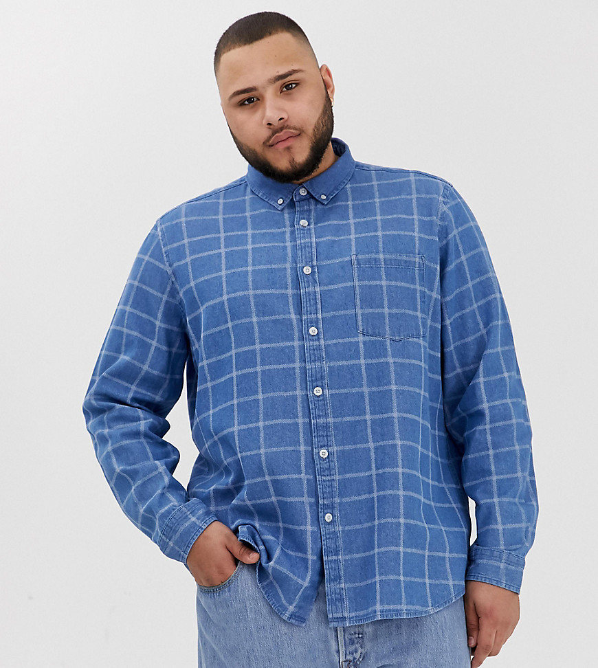 ASOS DESIGN Plus oversized denim shirt with check print-Blue