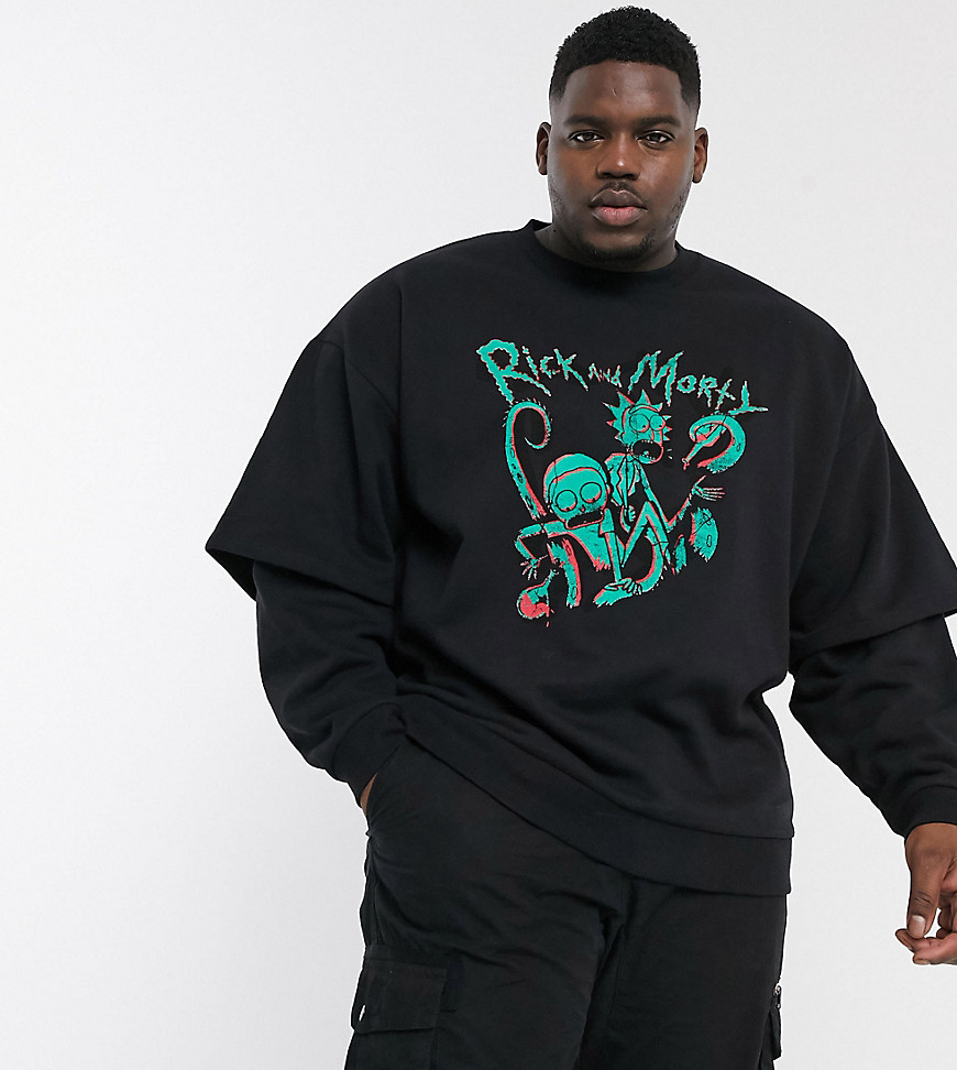 ASOS DESIGN Plus - Oversized dubbel gelaagd sweatshirt met tekst 'Rick & Morty'-Zwart