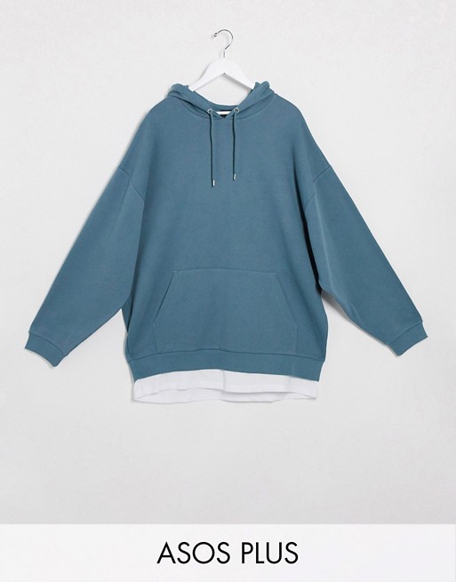 ASOS DESIGN Plus oversized hoodie with t-shirt hem in grey blue