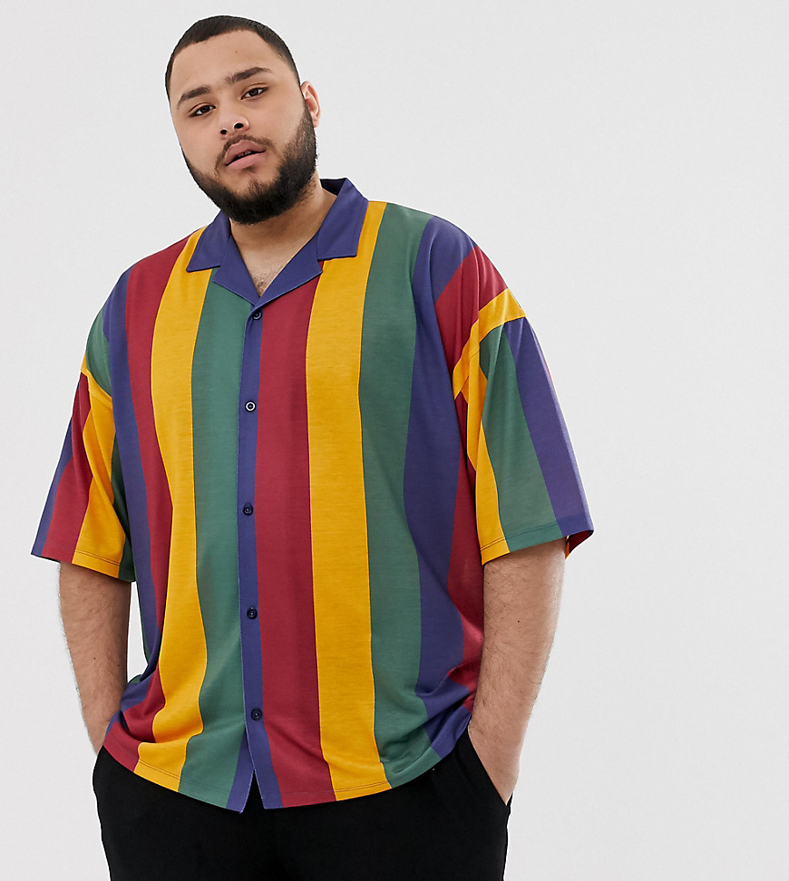 ASOS DESIGN Plus oversized jersey shirt with revere collar in large vertical stripes-Multi