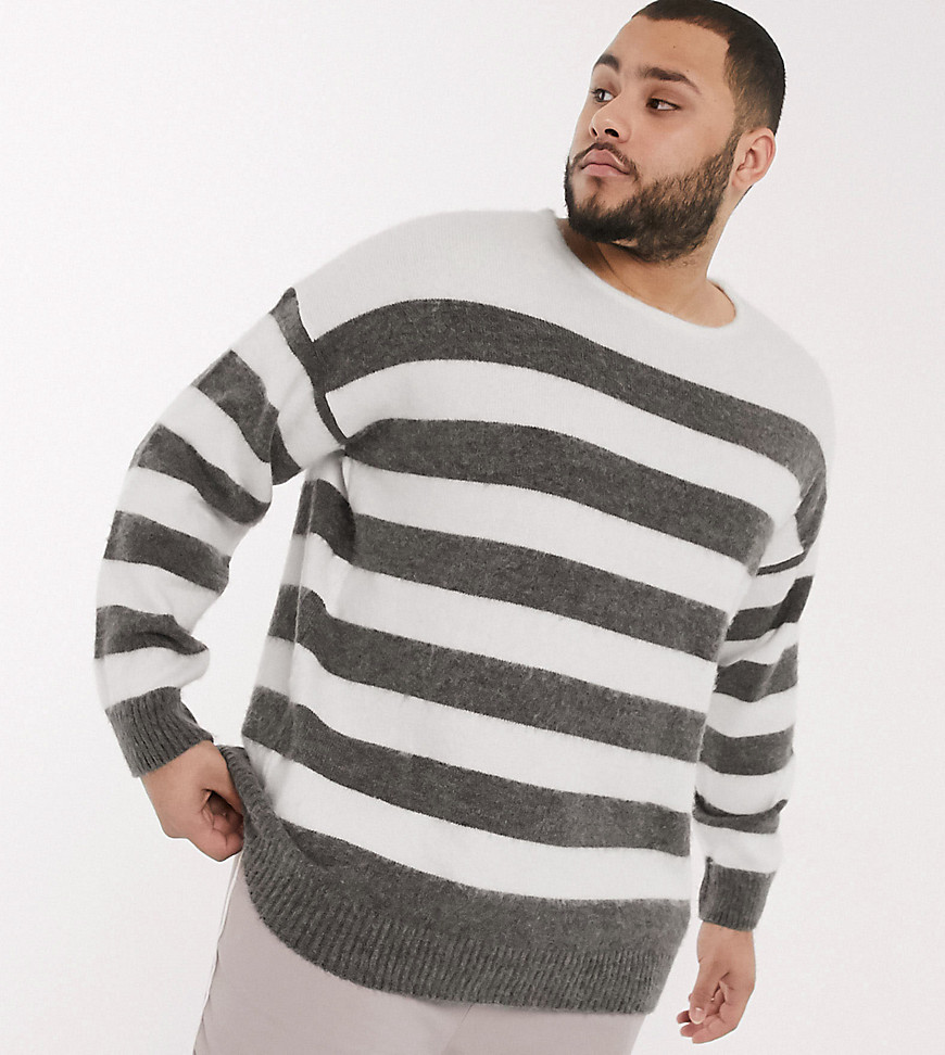 ASOS DESIGN Plus oversized jumper with scoop neck in charcoal and white stripe-Black